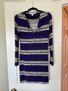 Diane Von Furstenberg Purple and White Striped V-Neck Mini Dress